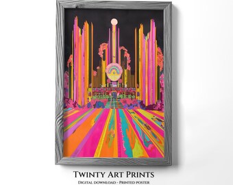 Psychedelische Konzert Bühne Wandkunst, Dopamin-steigernde Farben, Retro Pop Art Print, digitaler Download, Hippie-Stil, printable