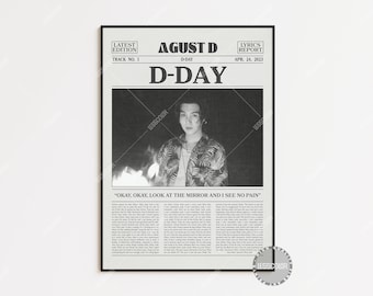 Agust D Retro Newspaper Print, D-Day Poster, D-Day Lyrics Print, Agust D Poster, Home Decor, K-pop, BTS Poster LC3