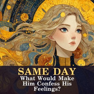 May include: An illustration of a woman with long, flowing blonde hair and blue eyes, set against a backdrop of celestial patterns in gold, blue, and brown. The image includes the text "SAME DAY What Would Make Him Confess His Feelings?"