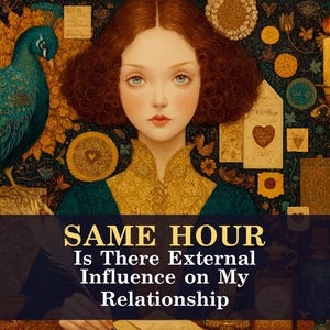Puede incluir: Una ilustración digital que muestra a una persona con cabello castaño rojizo, una prenda de color verde azulado y dorado, y un pavo real. El fondo presenta velas y motivos de corazones. El texto dice: SAME HOUR Is There External Influence on My Relationship.