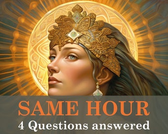 May include: A woman with a golden crown and a radiant halo, looking upwards. The text "SAME HOUR 4 Questions answered" is displayed below her.