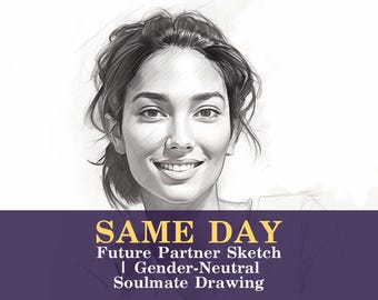 May include: A pencil sketch of a smiling person with dark hair. The image has the text "SAME DAY Future Partner Sketch | Gender-Neutral Soulmate Drawing" in gold and white text on a purple background.