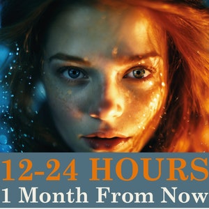 May include: A close-up of a woman's face with red hair, blue eyes, and freckles. The background is a blurred blue and orange color. The text "12-24 HOURS 1 Month From Now" is at the bottom of the image.