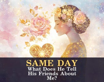 May include: An artistic illustration of a woman with flowers in her hair and a large rose. A golden heart is in the foreground. The text "SAME DAY" and "What Does He Tell His Friends About Me?" is at the bottom.