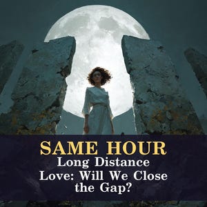 May include: A person with curly hair wearing a white dress stands between large stone pillars against a bright full moon. The text reads: SAME HOUR Long Distance Love: Will We Close the Gap? The scene is dark with blue and grey tones.