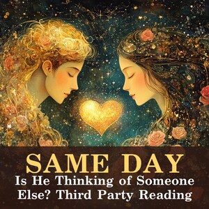 May include: An artistic digital illustration featuring two figures with closed eyes, facing a golden heart. The figures have flowing hair adorned with flowers and stars, set against a dark, starry background. Text at the bottom reads "SAME DAY Is He Thinking of Someone Else? Third Party Reading."