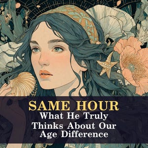 May include: An artistic illustration of a woman with teal hair, wearing a patterned headband and surrounded by floral and aquatic elements. The image includes the text "SAME HOUR What He Truly Thinks About Our Age Difference."