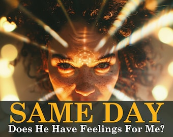Peut inclure: Gros plan sur le visage d'une personne aux cheveux bouclés, éclairé par des lumières chaudes et floues. Le texte "SAME DAY" et "Does He Have Feelings For Me?" est affiché sous l'image.