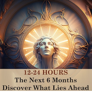 Może przedstawiać: Twarz kobiety jest ujęta w złote koło, przez które prześwieca jasne światło. Pod obrazem znajduje się tekst "12-24 HOURS The Next 6 Months Discover What Lies Ahead".
