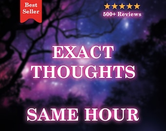 Peut inclure: Un fond de galaxie violet et bleu avec une silhouette d'arbres. Le texte "EXACT THOUGHTS SAME HOUR" est écrit en blanc avec un contour rose.