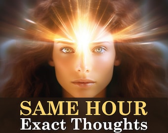 Peut inclure: Une femme aux longs cheveux bruns a une lumière vive qui brille de son front. Le texte ci-dessous indique "SAME HOUR Exact Thoughts".