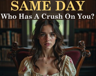 Op de afbeelding: Een vrouw met lang bruin haar zit op een stoel in een bibliotheek. Ze draagt een witte jurk met bloemenprint. De tekst "SAME DAY Who Has A Crush On You?" wordt boven haar hoofd weergegeven.