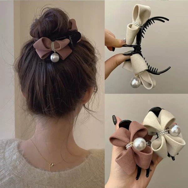 Petite pince à cheveux classique noeud perle, pince à noeud perle pour femmes, cravate, pince à cheveux noeud, noeud de cheveux filles, barrette clip, noeuds de perles blanches,