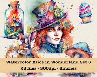 Watercolor Alice in Wonderland Clipart Set 5 | PNG Bundle | Instant Download for Commercial Use | Mad Hatter, Fantasy, Fairy Tale