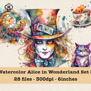 Watercolor Alice in Wonderland Clipart Set 3 | PNG Bundle | Instant Download for Commercial Use | Mad Hatter, Fantasy, Fairy Tale