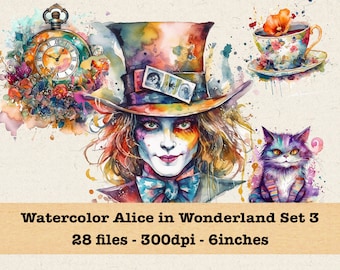 Watercolor Alice in Wonderland Clipart Set 3 | PNG Bundle | Instant Download for Commercial Use | Mad Hatter, Fantasy, Fairy Tale