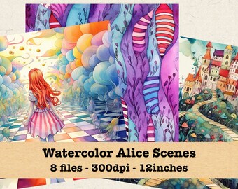 Watercolor Alice in Wonderland Scene Set | PNG Bundle | Instant Download for Commercial Use | Mad Hatter, Fantasy, Fairy Tale