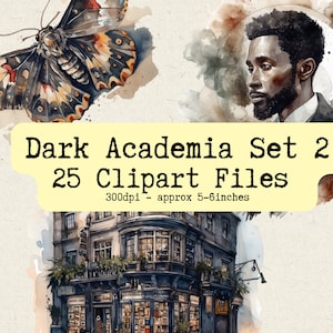 Watercolor Dark Academia Clipart Set 2 | PNG Bundle | Instant Download for Commercial Use | Characters, Fantasy, Books, Coffee, Plants