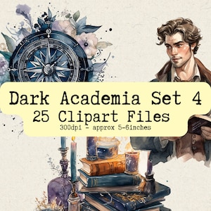 Watercolor Dark Academia Clipart Set 4 | PNG Bundle | Instant Download for Commercial Use | Characters, Fantasy, Books, Coffee, Plants