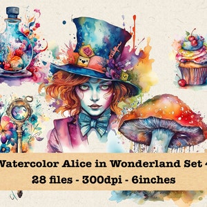 Watercolor Alice in Wonderland Clipart Set 4 | PNG Bundle | Instant Download for Commercial Use | Mad Hatter, Fantasy, Fairy Tale