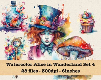 Watercolor Alice in Wonderland Clipart Set 4 | PNG Bundle | Instant Download for Commercial Use | Mad Hatter, Fantasy, Fairy Tale