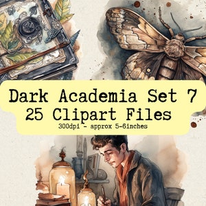 Watercolor Dark Academia Clipart Set 7 | PNG Bundle | Instant Download for Commercial Use | Characters, Fantasy, Books, Coffee, Plants