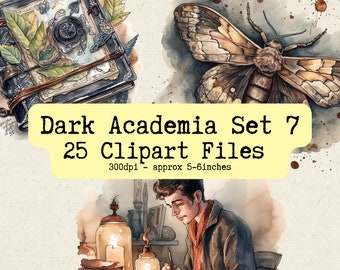 Aquarela Dark Academia Clipart Conjunto 7 | Pacote PNG | Download instantâneo para uso comercial | Personagens, Fantasia, Livros, Café, Plantas