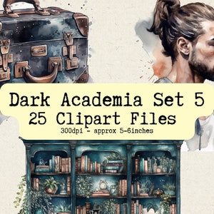 Watercolor Dark Academia Clipart Set 5 | PNG Bundle | Instant Download for Commercial Use | Characters, Fantasy, Books, Coffee, Plants