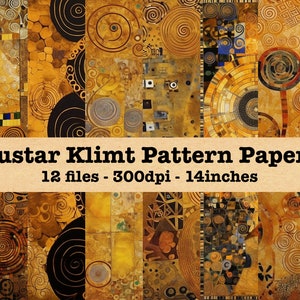 May include: A digital collage of 12 square images featuring a repeating pattern of gold, black and white circles and spirals. The text "Gustav Klimt Pattern Papers" is displayed in black text on a brown background. The text "12 files - 300dpi - 14 inches" is displayed below the title.