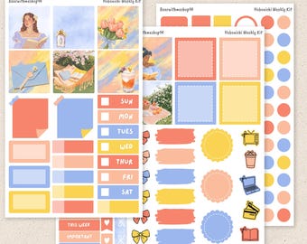 May include: A printable sticker kit for a weekly planner with a pastel color scheme. The stickers feature illustrations of flowers, a woman reading a book, a picnic, a cup of coffee, a laptop, a book, a TV, and a bow. The stickers also include boxes for writing, days of the week, and labels for "This Week", "Important", "Notes", and "Gratitude".