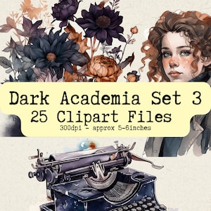 Watercolor Dark Academia Clipart Set 3 | PNG Bundle | Instant Download for Commercial Use | Characters, Fantasy, Books, Coffee, Plants