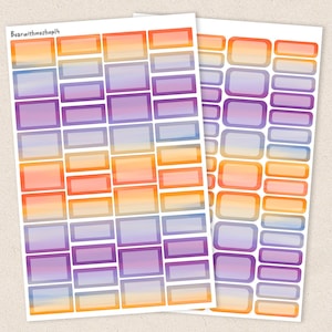 May include: Two sheets of colorful rectangular stickers with a gradient of orange, yellow, purple, and blue. The stickers are blank and ready to be used for labeling, organizing, or decorating.