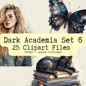 Watercolor Dark Academia Clipart Set 6 | PNG Bundle | Instant Download for Commercial Use | Characters, Fantasy, Books, Coffee, Plants