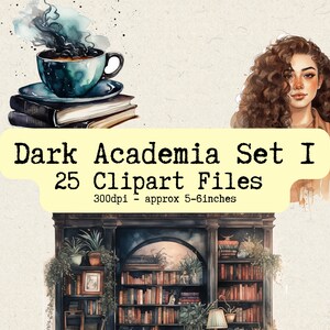 Watercolor Dark Academia Clipart Set 1 | PNG Bundle | Instant Download for Commercial Use | Characters, Fantasy, Books, Coffee, Plants