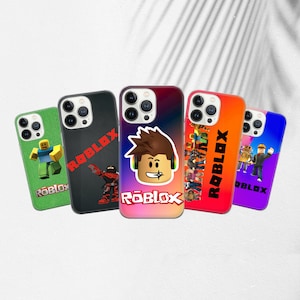 May include: Five phone cases with Roblox-themed designs. The cases feature various characters and the Roblox logo in red. The cases are in green, black, red, orange, and blue. The cases are for a smartphone.