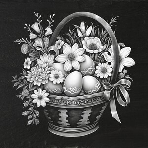 Pode incluir: Ilustração a preto e branco de um cesto de Páscoa transbordando de flores e ovos decorados. O cesto tem uma alça e uma fita decorativa. Os ovos são adornados com padrões intrincados, e as flores incluem margaridas e lírios.