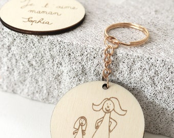 Personalized wooden key ring for children's drawing for grandfather's day, grandpa's day