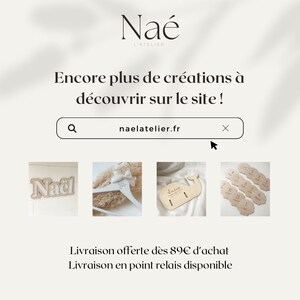 May include: A website homepage for a shop called Na&eacute; L'Atelier, featuring a variety of wooden personalized gifts, including a name sign, a hanger, a whale-shaped keepsake box, and a set of numbered wooden blocks. The website address is naelatelier.fr.