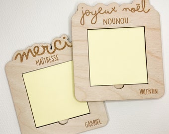 Support à Post-it et stylo gravé, cadeau de fin d'année, maîtresse, nounou, ATSEM, ... cadeau Bloc note personnalisable en bois joyeux Noël