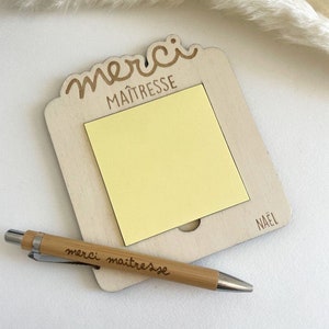 Post-it and engraved pen holder, end of year gift, mistress, nanny, ATSEM, ... gift Customizable Merry Christmas wooden notepad Merci