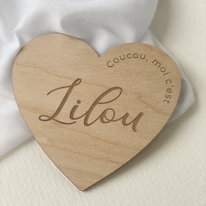 Carte cœur annonce naissance prénom bébé en bois, Carte prénom bébé