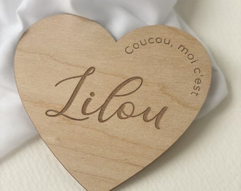 Heart card announcing birth of baby name in wood, Baby name card