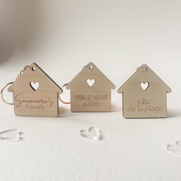 Porte-clés maison en bois personnalisable, couple, location airbnb, cadeau crémaillère