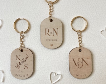 Personalized engraved wooden couple initials keyring