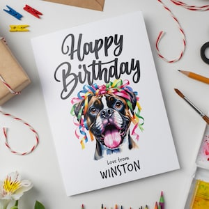 Cartão de aniversário personalizado em aquarela com cachorro boxer, comemorativo para campeões boxer