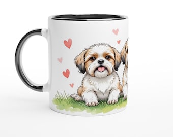 Taza de cerámica con diseño de Shih Tzu / Lindo regalo para amantes de los perros / Diseño minimalista de Shih Tzu con corazones