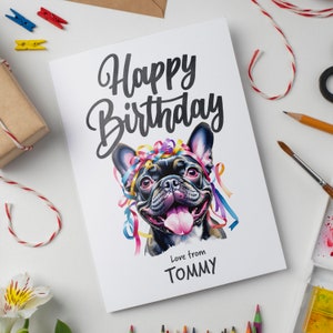 Französische Bulldogge personalisierte Aquarell Geburtstagskarte, Freude für Frenchie-Liebhaber