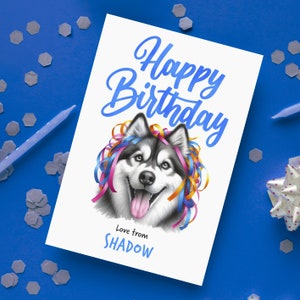 Siberian Husky Watercolour Pencil Birthday Card, Winter Scene for Husky Aficionados