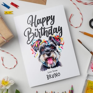 Tarjeta de cumpleaños personalizada con acuarela de Schnauzer miniatura, especial para aficionados al Schnauzer