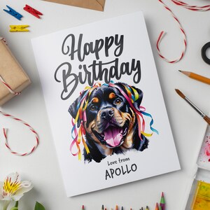 Rottweiler gepersonaliseerde aquarel verjaardagsgroet, perfect voor Rottie-fans